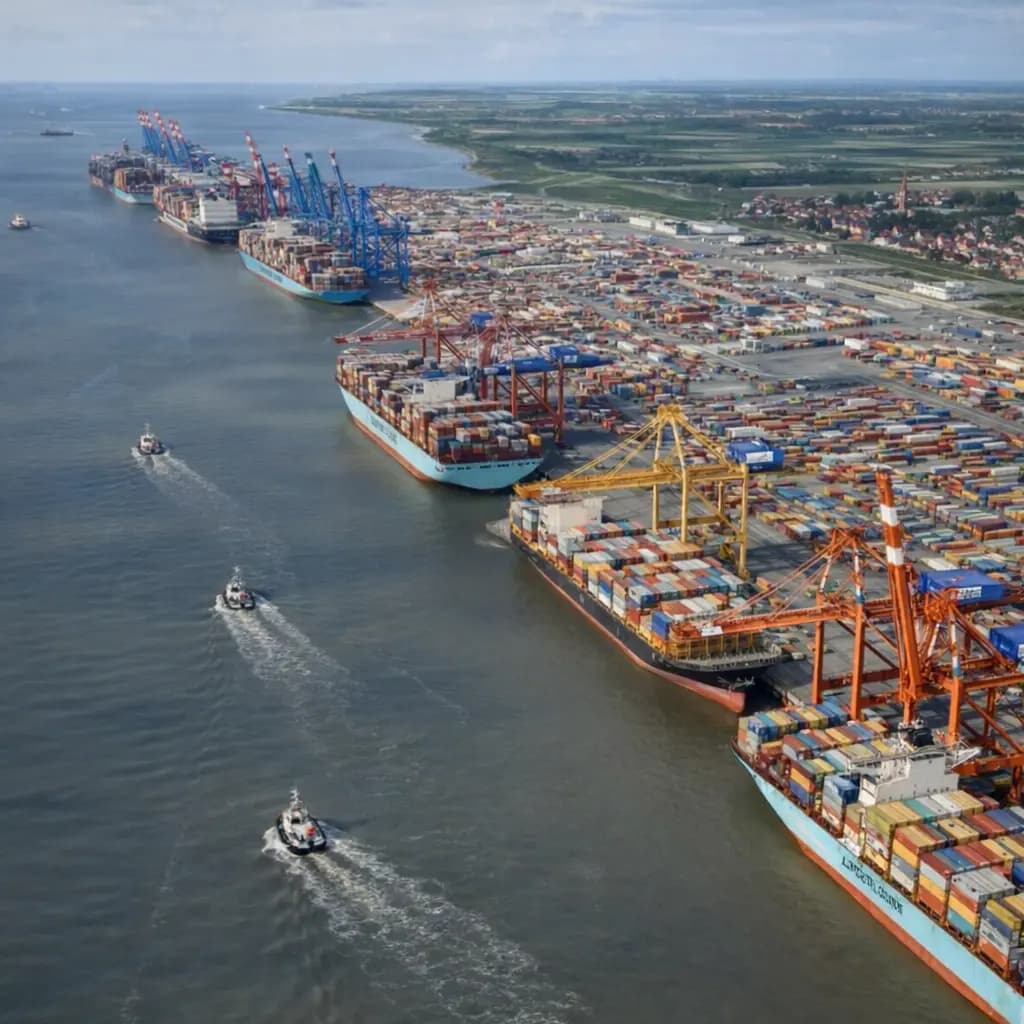 Illustrative photograph: Container ships along a long quay, rows of containers and tugboats on the water, seen from above.