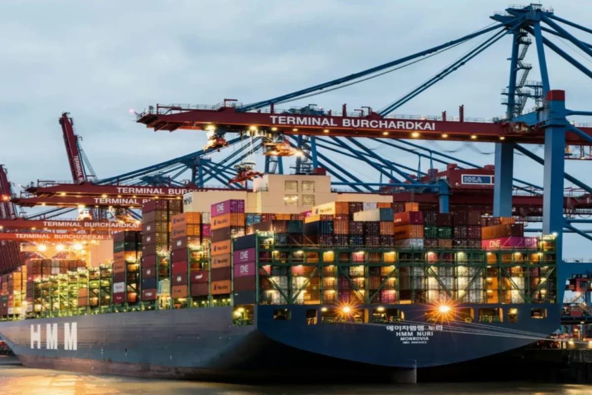 Container ships at an illuminated quay and terminal cranes at dusk.